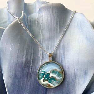 NEW Blue and Silver Artistic Ocean Wave Pendant Necklace Shimmer Wearable Art